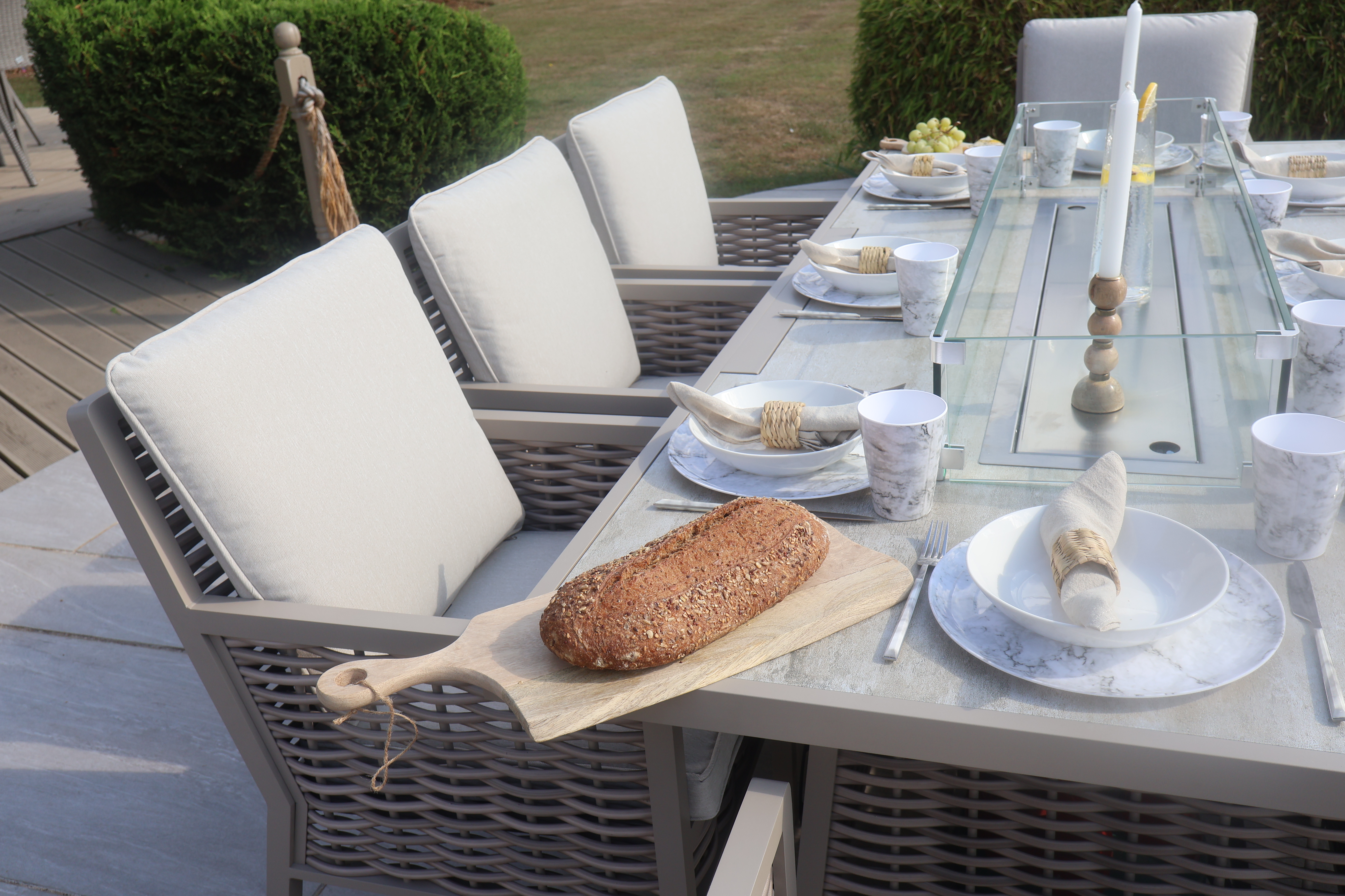 Chimes - Monaco Aluminium 8 Seat Rectangular Dining Set - 1 Meter x 2 Meter Table With Firepit - Rope Weave - Cream